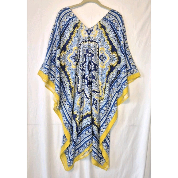 J. Mclaughlin Womens Blue Yellow Graphic Cover Up Caftan Dress Medium Large - Picture 4 of 5